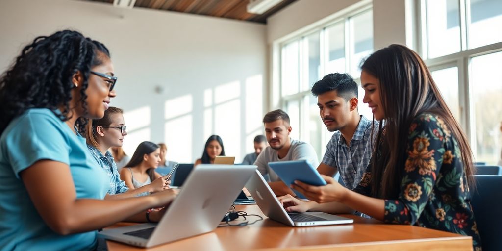 Siswa belajar dengan perangkat digital di ruang kelas.