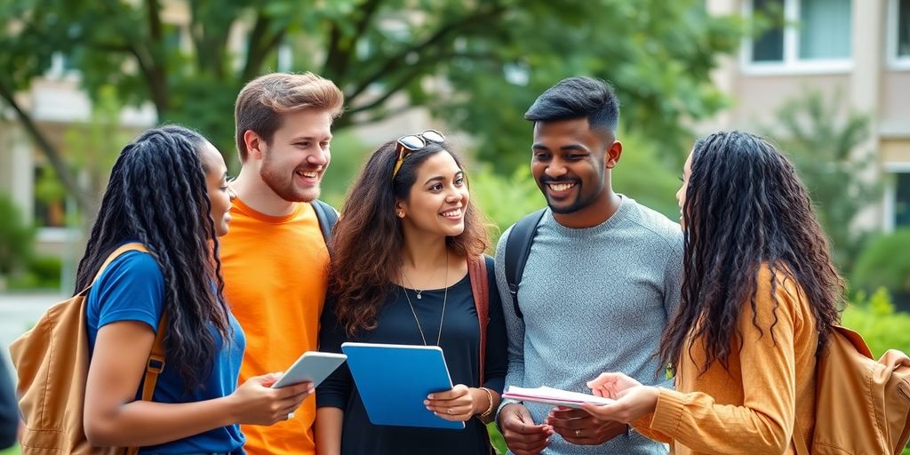 Mahasiswa baru berdiskusi di kampus dengan semangat.