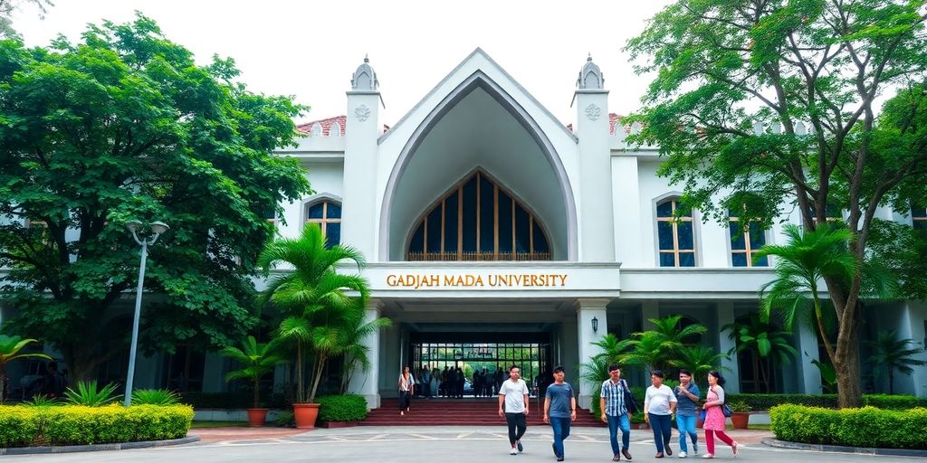 Gambaran gerbang Universitas Gadjah Mada dengan mahasiswa.