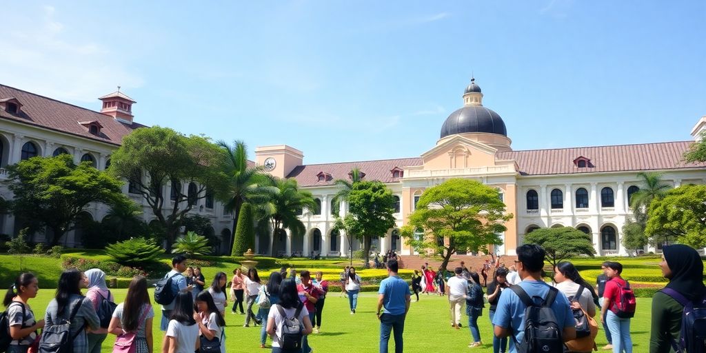 Kampus universitas dengan mahasiswa berinteraksi di luar ruangan.